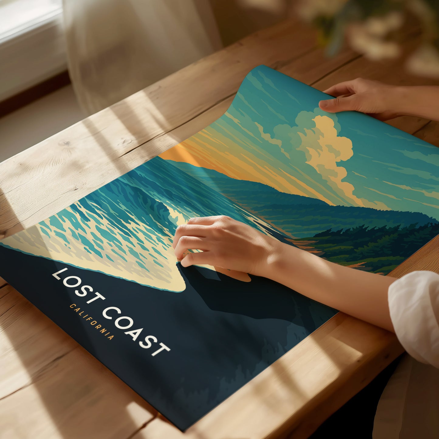 Illustrated Lost Coast California poster featuring vibrant waves, dark shoreline, and forested cliffs under a warm sunset, perfect travel art.