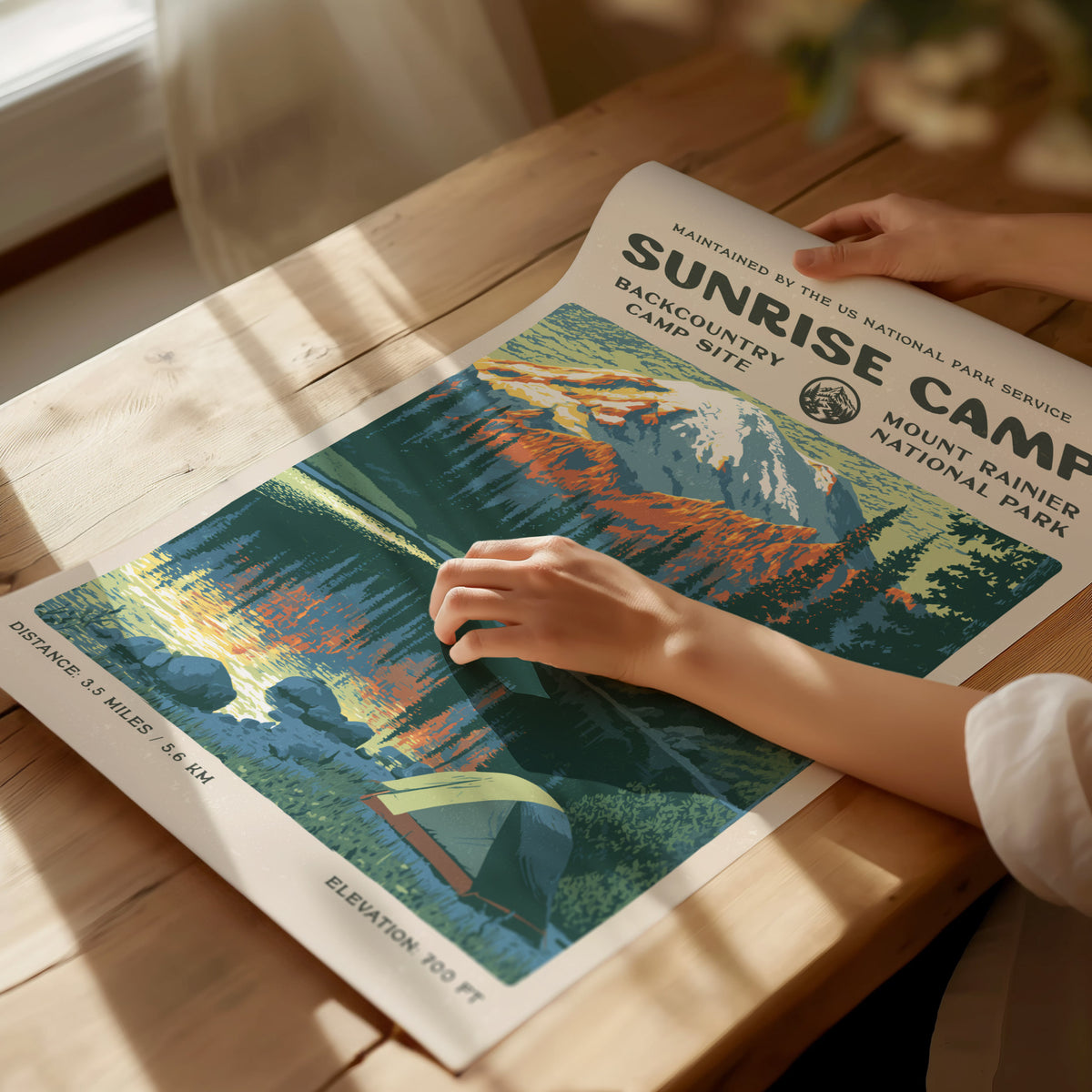 Sunrise Camp, Mount Rainier National Park Poster | Hiker Gift | Backcountry Trail Wall Art — giclée print detail on matte pap