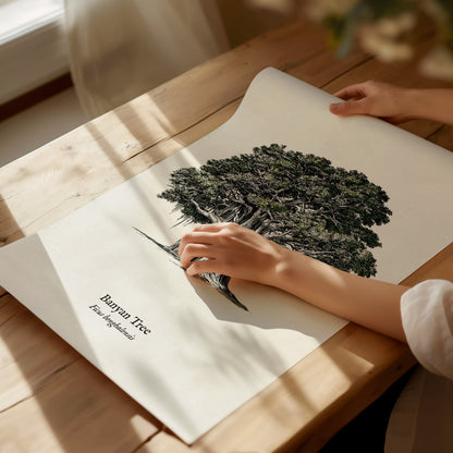 Banyan Tree Poster | Vintage Ficus benghalensis Botanical Illustration Wall Art — giclée print detail on matte paper