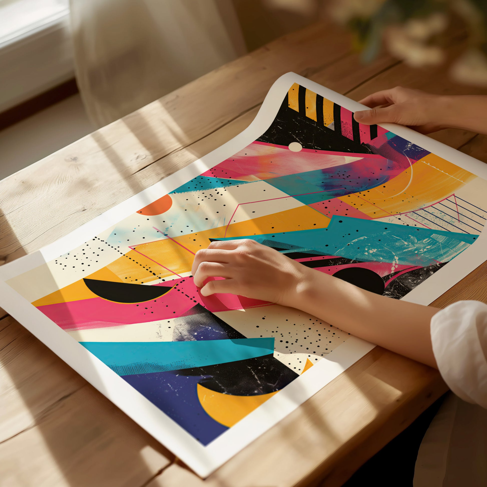 A person examines a vibrant 1980s-style poster featuring colorful geometric shapes and patterns on a wooden table.