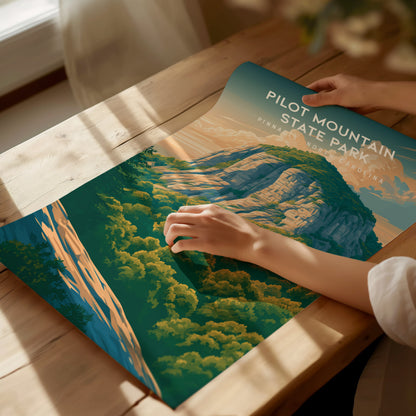 Pilot Mountain State Park, Pinnacle, North Carolina Poster | Rugged Peak & Forest Travel Wall Art — giclée print detail on ma