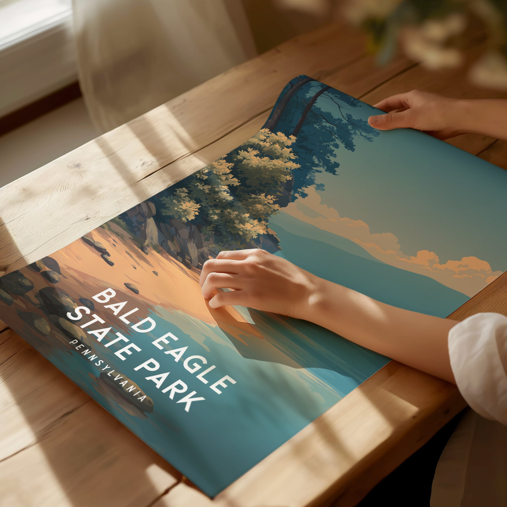 Bald Eagle State Park, Pennsylvania Poster | Eagle Soaring Over Mountain Lake Wall Art — giclée print detail on matte paper