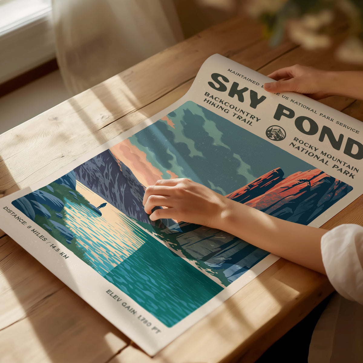 Sky Pond, Rocky Mountain National Park Poster | Hiker Gift | Backcountry Trail Wall Art — giclée print detail on matte paper