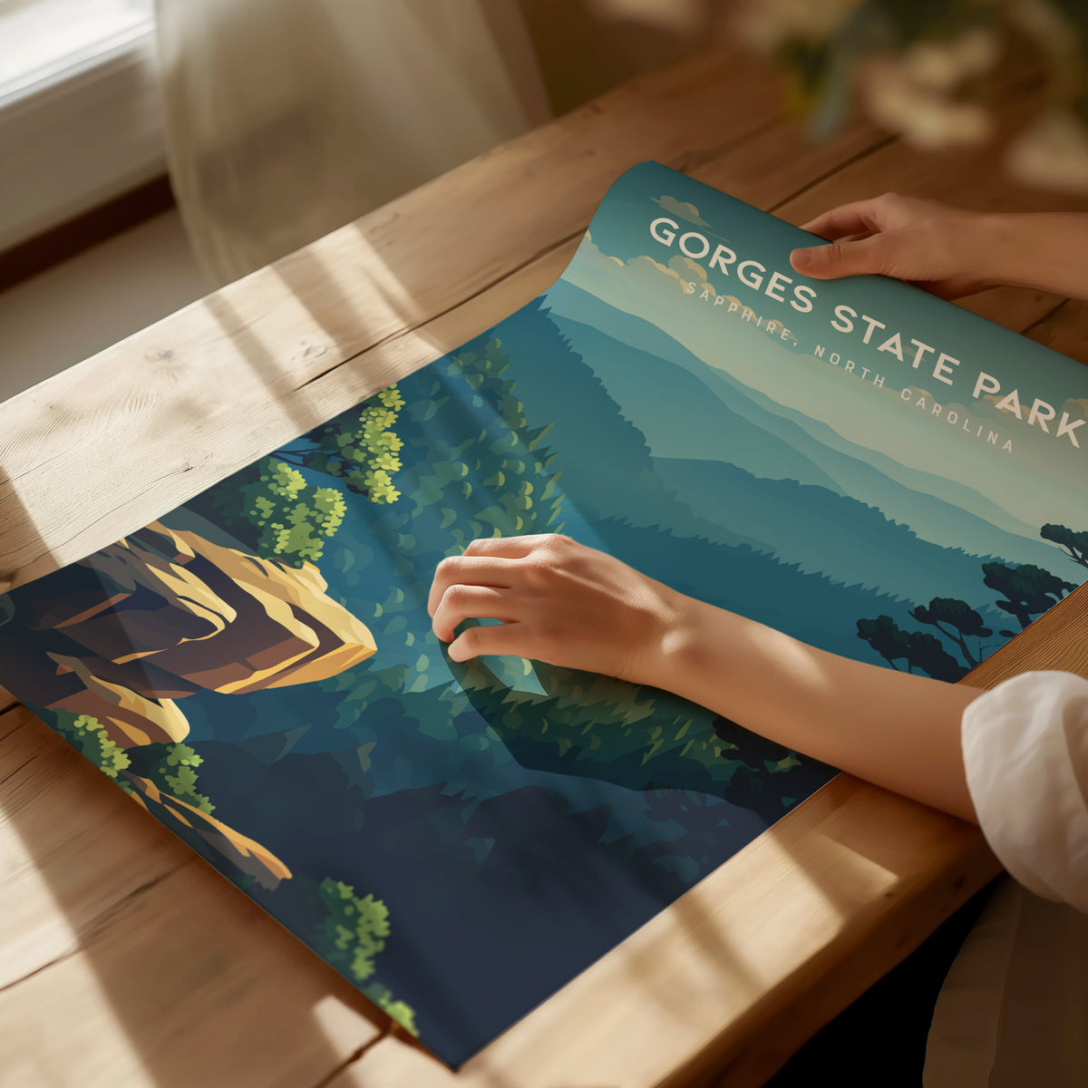 Gorges State Park, Sapphire, North Carolina Poster | Waterfall & Mountain Forest Travel Wall Art — giclée print detail on mat
