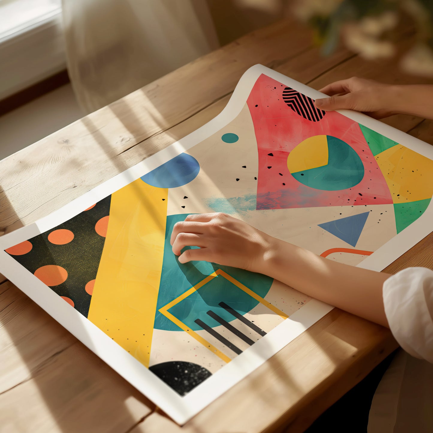 A person examines a colorful abstract art print on a wooden table, featuring bold geometric shapes and vibrant colors like yellow, blue, and pink.