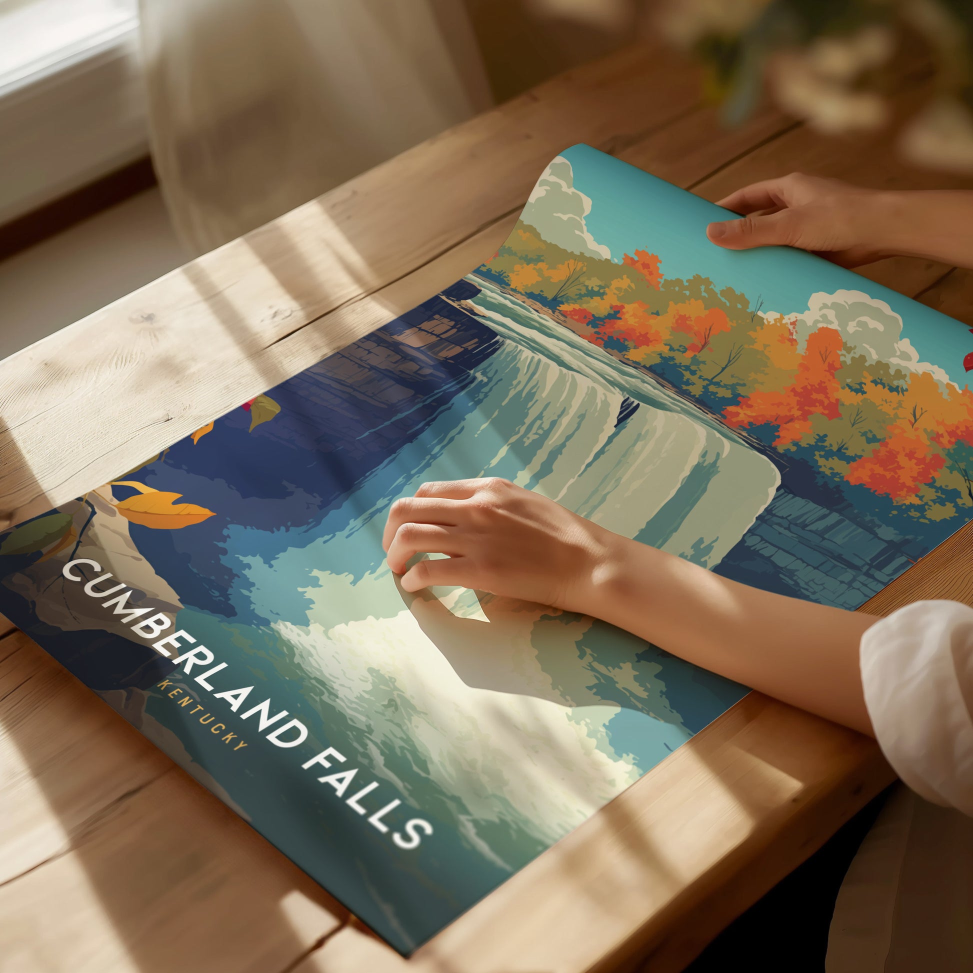 Stylized poster of Cumberland Falls in Kentucky, featuring vibrant autumn foliage, cascading water, and a retro art style.