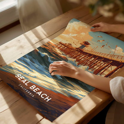Seal Beach, California Poster | Sun-Kissed Pier & Coastal Charm Wall Art — giclée print detail on matte paper