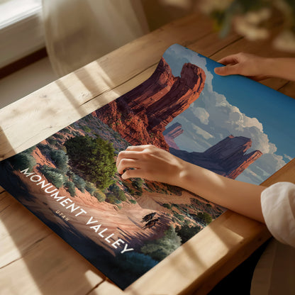 A person is unrolling a vibrant Monument Valley poster on a wooden table, showcasing red sandstone mesas and a clear blue sky. Sunlight streams in, casting soft shadows.