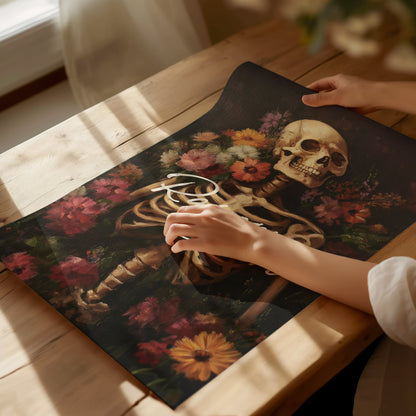 Raison d’Être Skeleton Art Print – Dark Academia Gothic Floral Wall Decor, Memento Mori Aesthetic, Framed/Unframed Macabre Poster - Swell Scenes