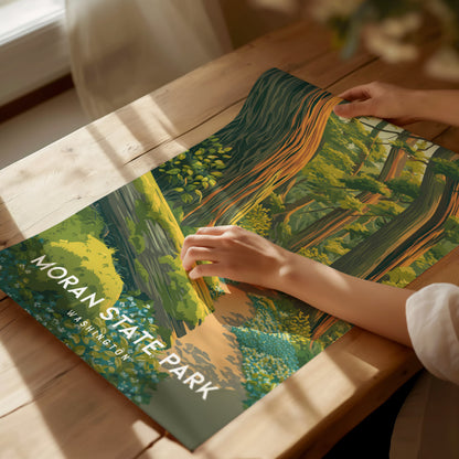 Moran State Park, Washington Poster | Mountain Lake & Evergreen Forest Wall Art — giclée print detail on matte paper