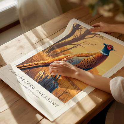 Ring-necked Pheasant Poster | Vibrant Gamebird Wildlife Art Wall Art — giclée print detail on matte paper