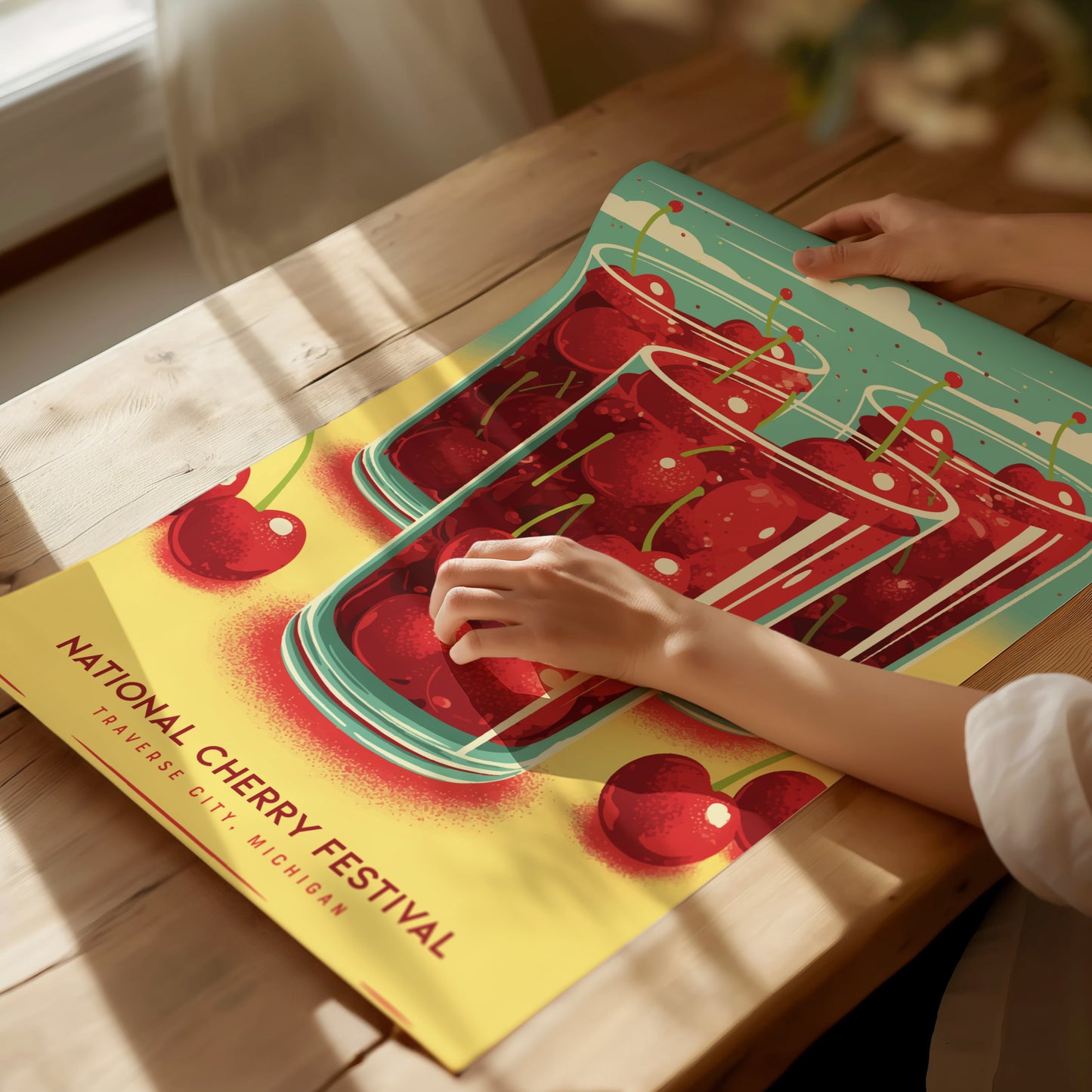 A person is holding a vibrant National Cherry Festival poster featuring illustrations of cherries in bright red and yellow tones, lying on a wooden table.