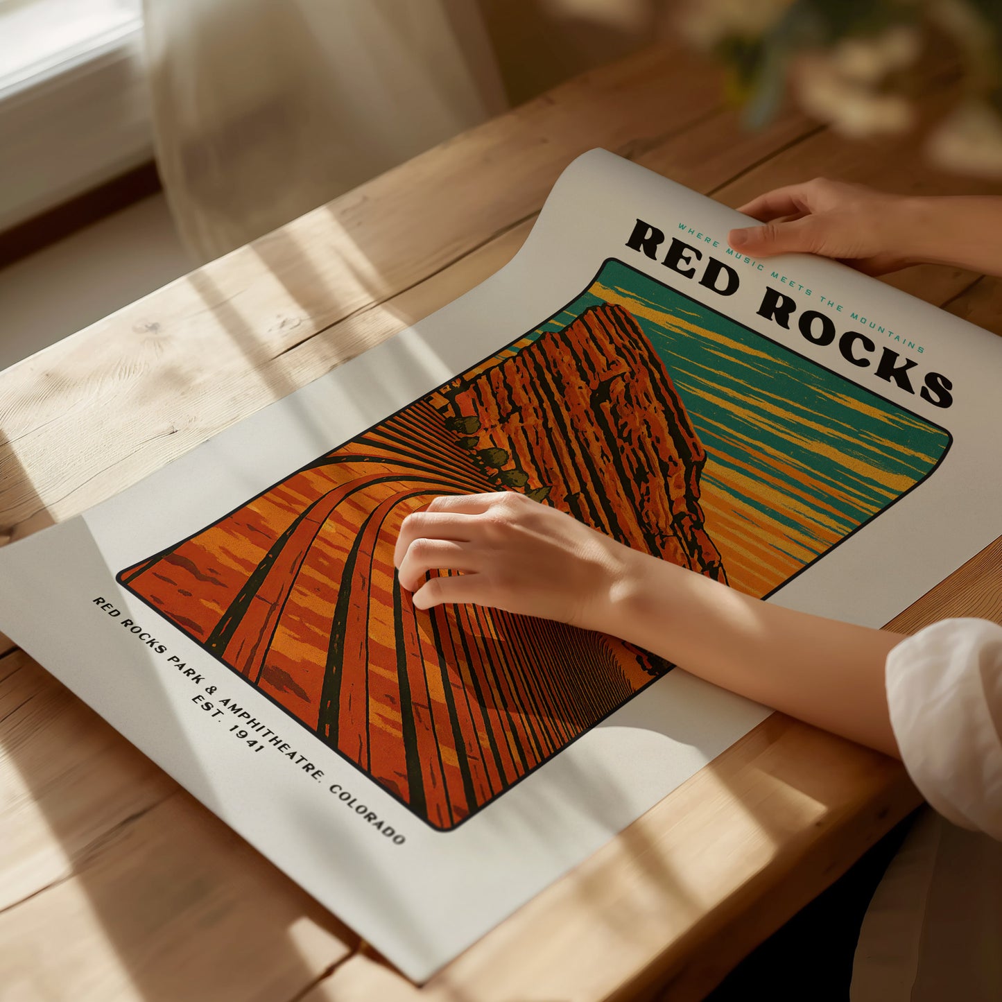 Red Rocks Amphitheatre Poster | Vintage Colorado Block Print Art