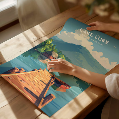 Lake Lure, North Carolina Poster | Mountain Lake Destination Print Wall Art — giclée print detail on matte paper