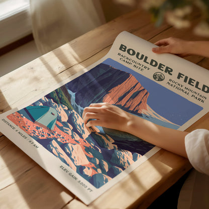 Boulder Field, Rocky Mountain National Park Poster | Hiker Gift | Alpine Wilderness Block Print Wall Art — giclée print detai