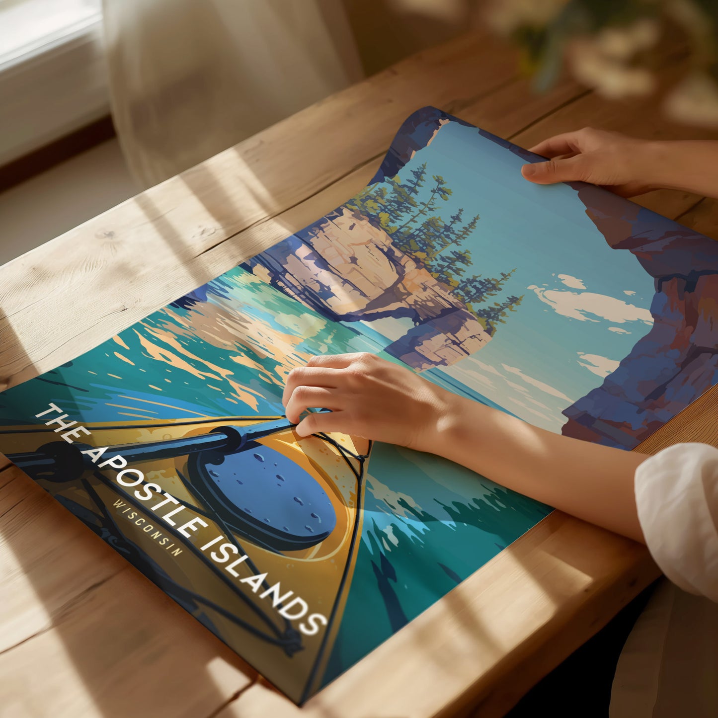Framed Apostle Islands Wisconsin poster featuring a vibrant yellow kayak entering clear blue waterways surrounded by rocky cliffs and pine trees.