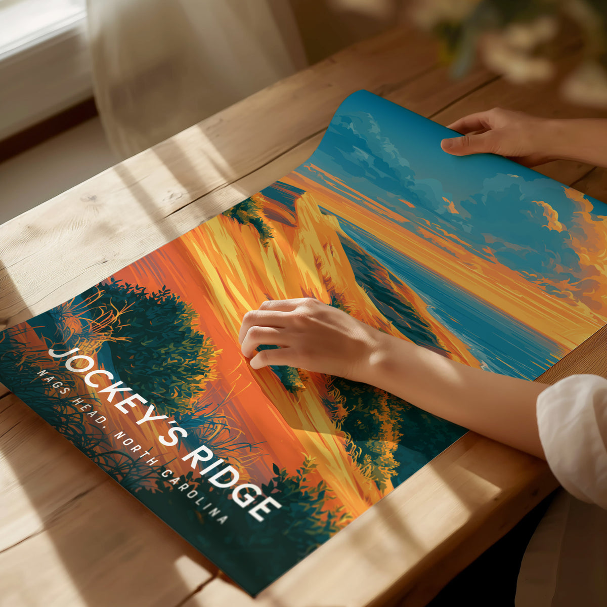 Jockey's Ridge, Nags Head, North Carolina Poster | Sand Dunes & Sunset Travel Wall Art — giclée print detail on matte paper