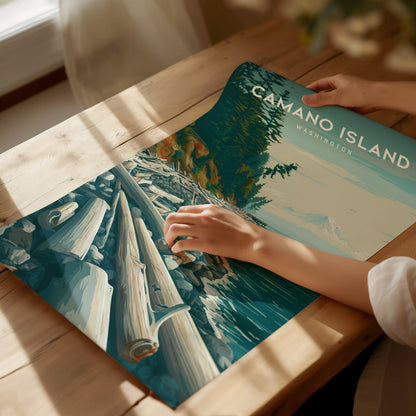Camano Island, Washington Poster | Evergreen Shores & Heron Coastal Wall Art — giclée print detail on matte paper