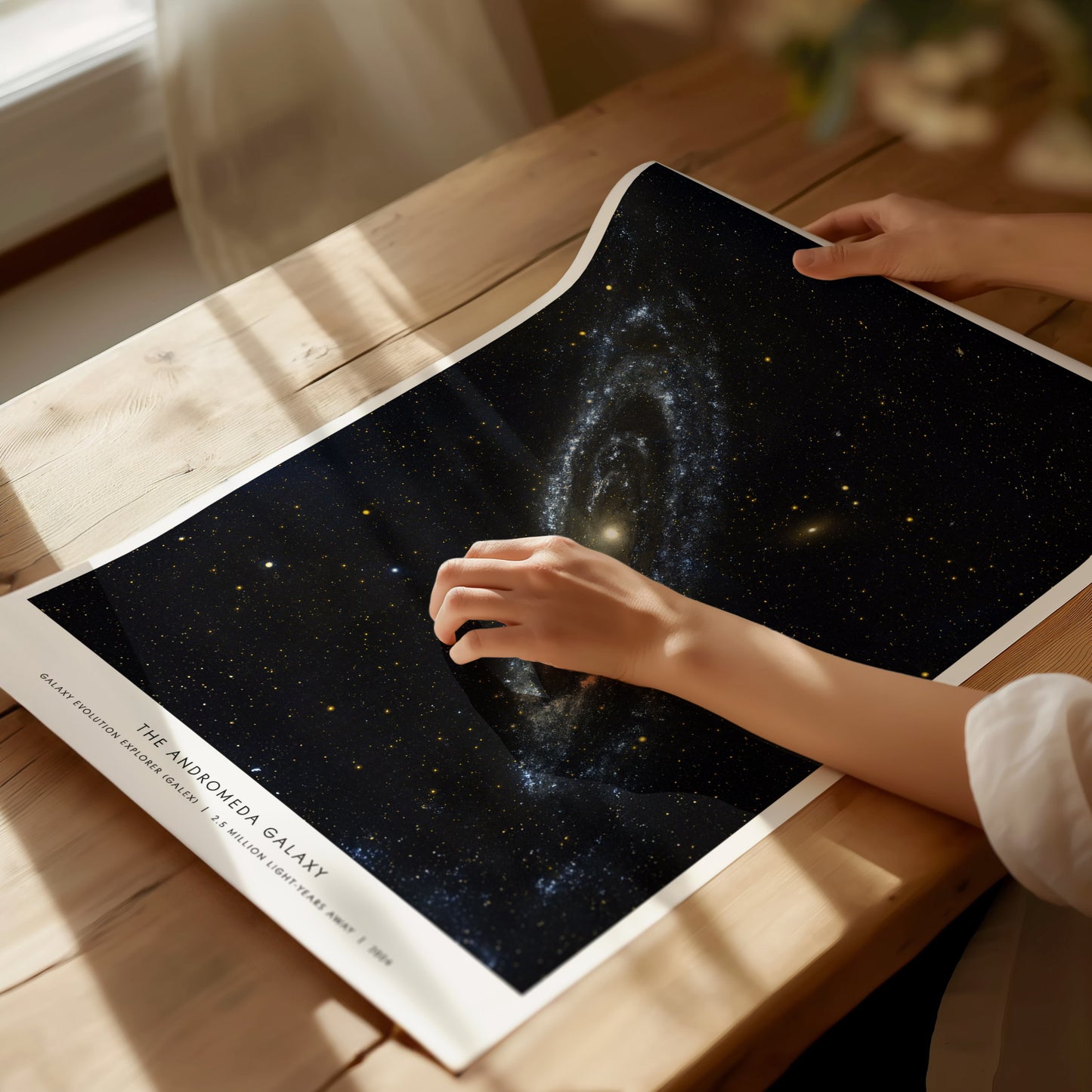 Unframed Andromeda Galaxy NASA poster printed on matte archival paper laid flat on a tabletop