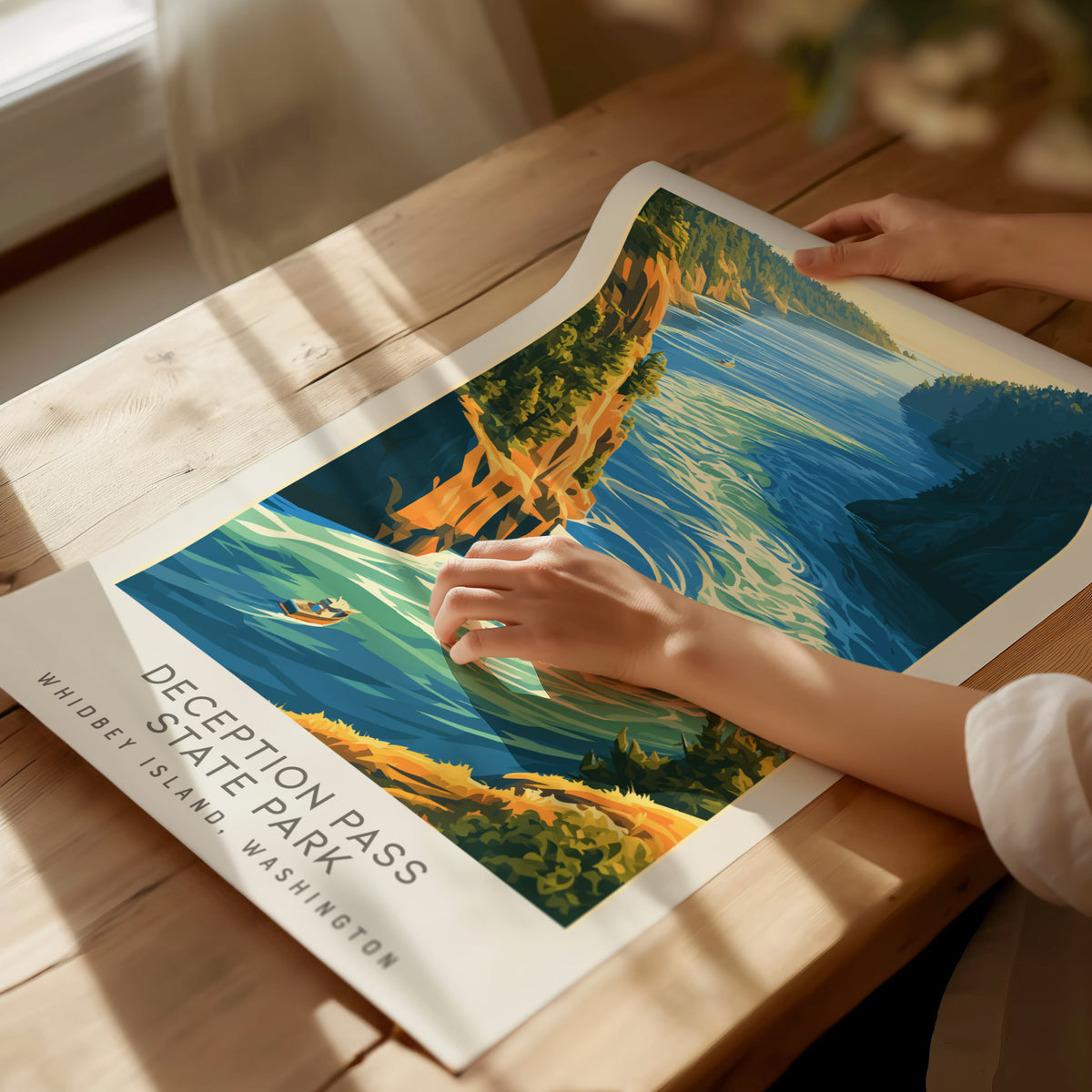 Deception Pass State Park Matte Border Poster | Whidbey Island, Washington Coastal Beach Decor — giclée print detail on matte