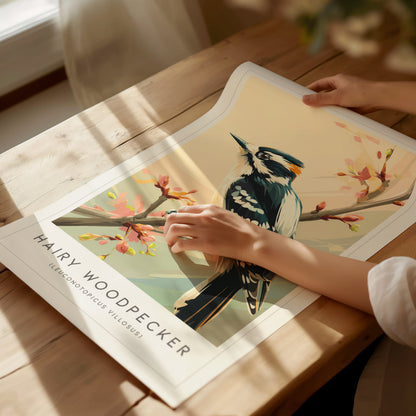 Hairy Woodpecker Poster | Bold Forest Bird Illustration Wall Art — giclée print detail on matte paper