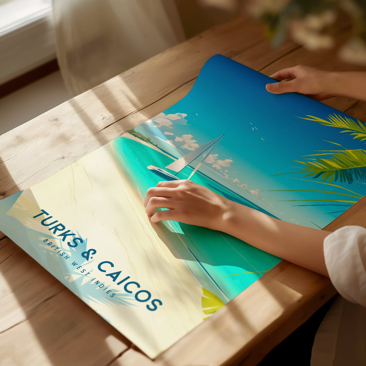 Framed Turks & Caicos beach poster featuring a sailboat on turquoise waters, framed by palm leaves and sandy shore, perfect travel art.