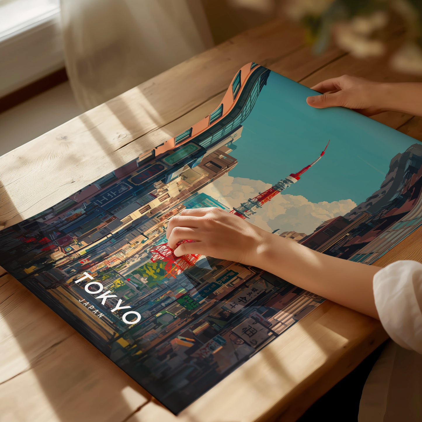 A person unrolls a vibrant poster of Tokyo Tower on a wooden table, featuring a cityscape with blue skies and clouds. Sunlight streams through a nearby window.