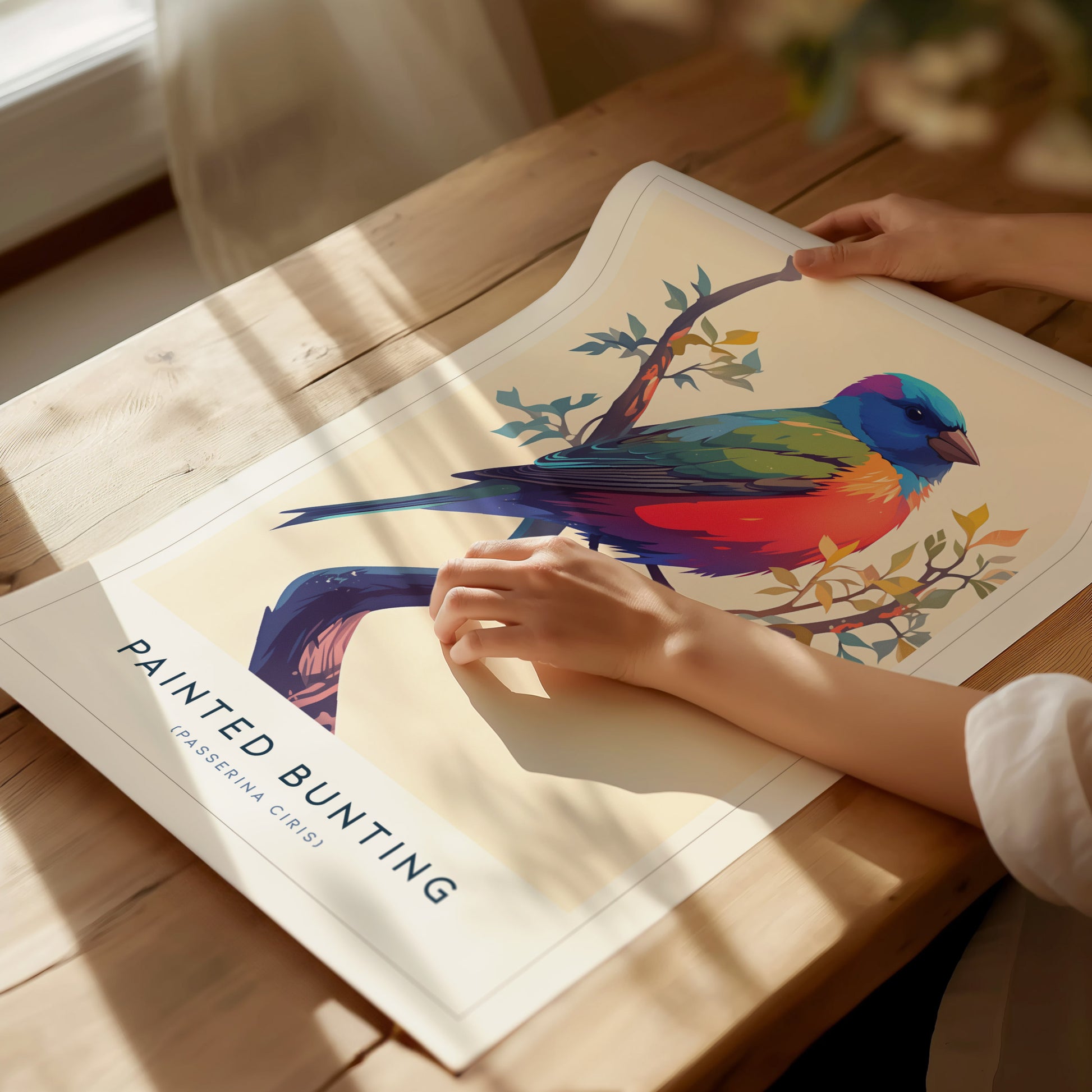 Stylized Painted Bunting art print with vibrant blue, green, red, and orange feathers, framed in sleek black for colorful bird wall decor.