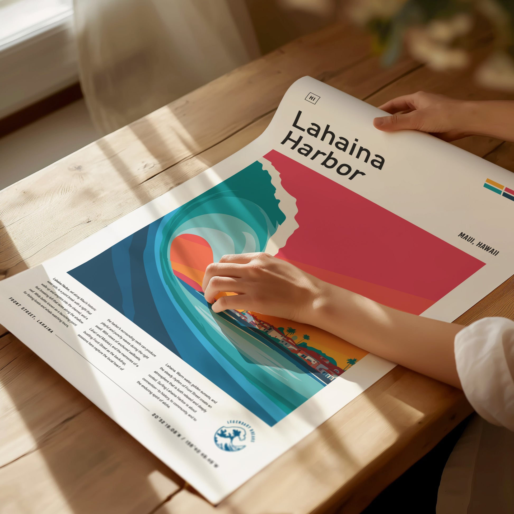 Stylized Lahaina Harbor surf art print featuring a vibrant turquoise wave, tropical palm trees, and a warm sunset sky.