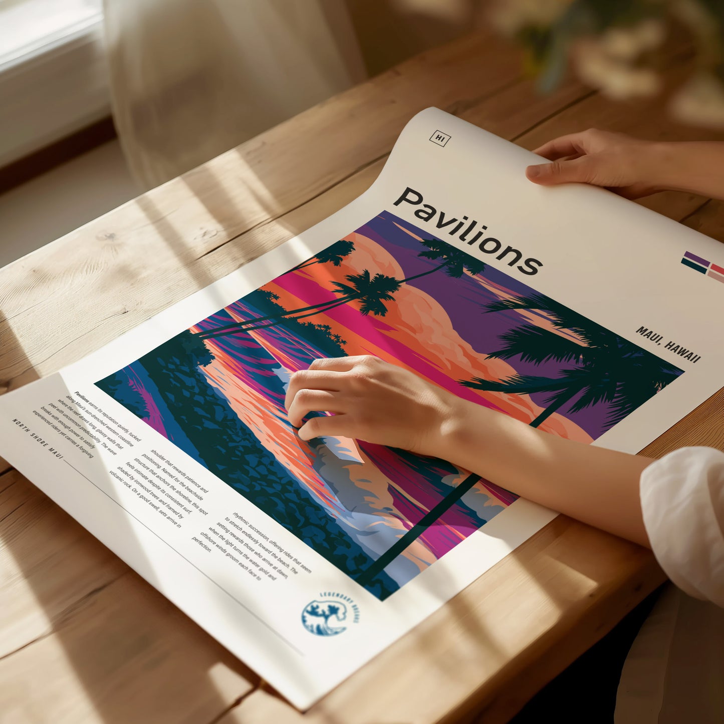 Pavilions, Hawaii Poster | Golden Surf Break Paradise Wall Art — giclée print detail on matte paper