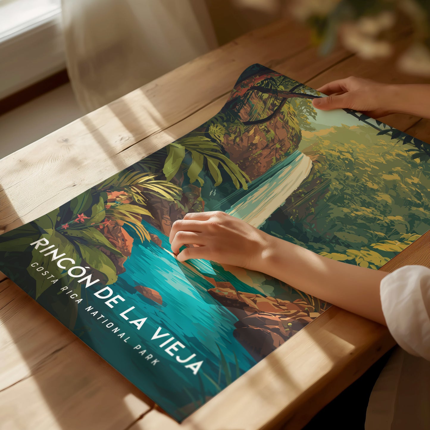 Vibrant Rincón de la Vieja waterfall print showcasing lush greenery, rocky cliffs, and a serene blue pool, perfect travel art.