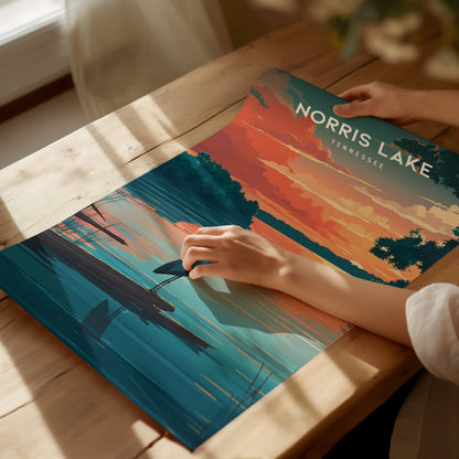 Norris Lake, Tennessee Poster | Lakeside Mountain Retreat Destination Print Wall Art — giclée print detail on matte paper