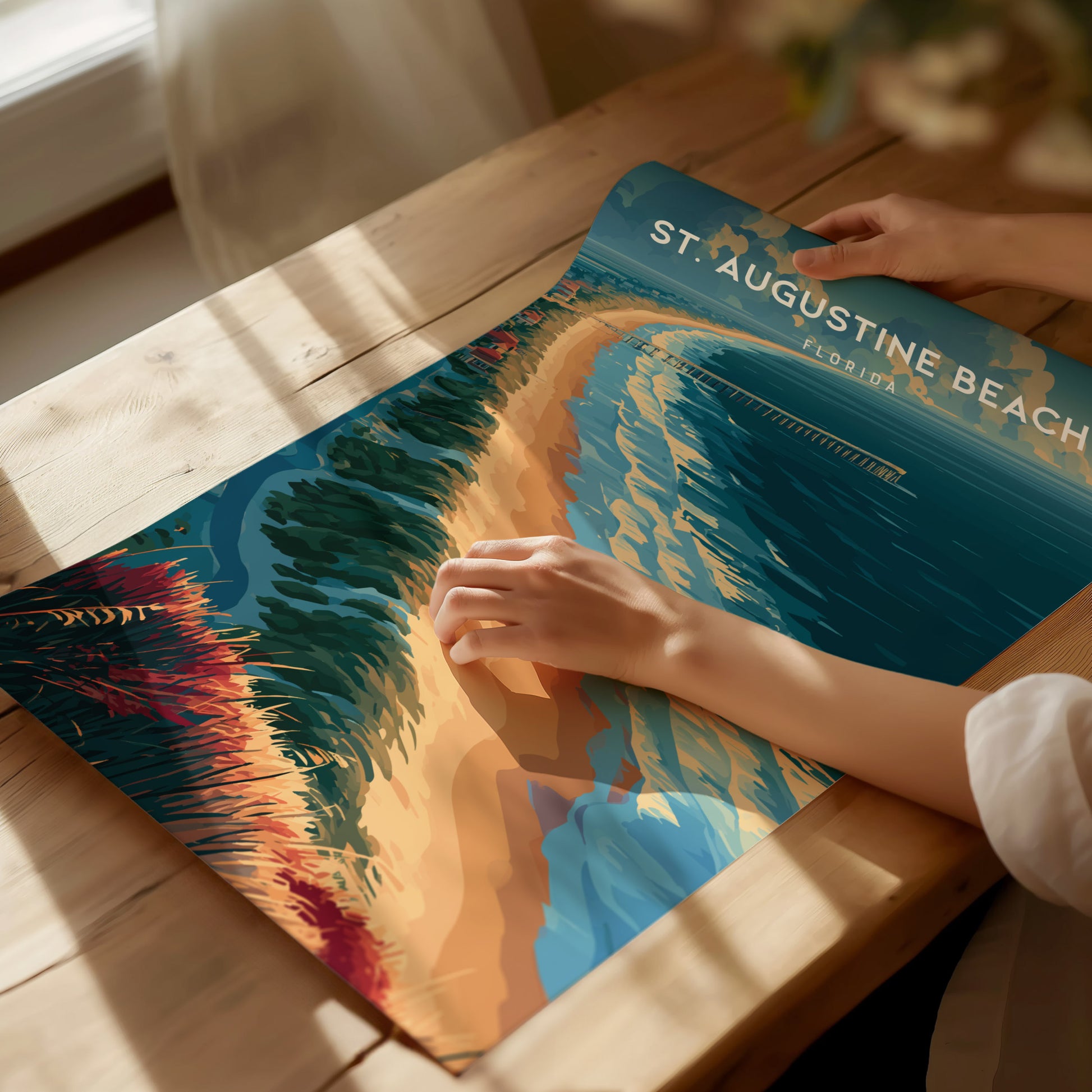St. Augustine Beach, Florida Poster | Sun-Kissed Shores & Pier Wall Art — giclée print detail on matte paper