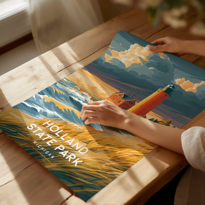 Holland State Park, Michigan Poster | Big Red Lighthouse Coastal Beach Decor Wall Art — giclée print detail on matte paper
