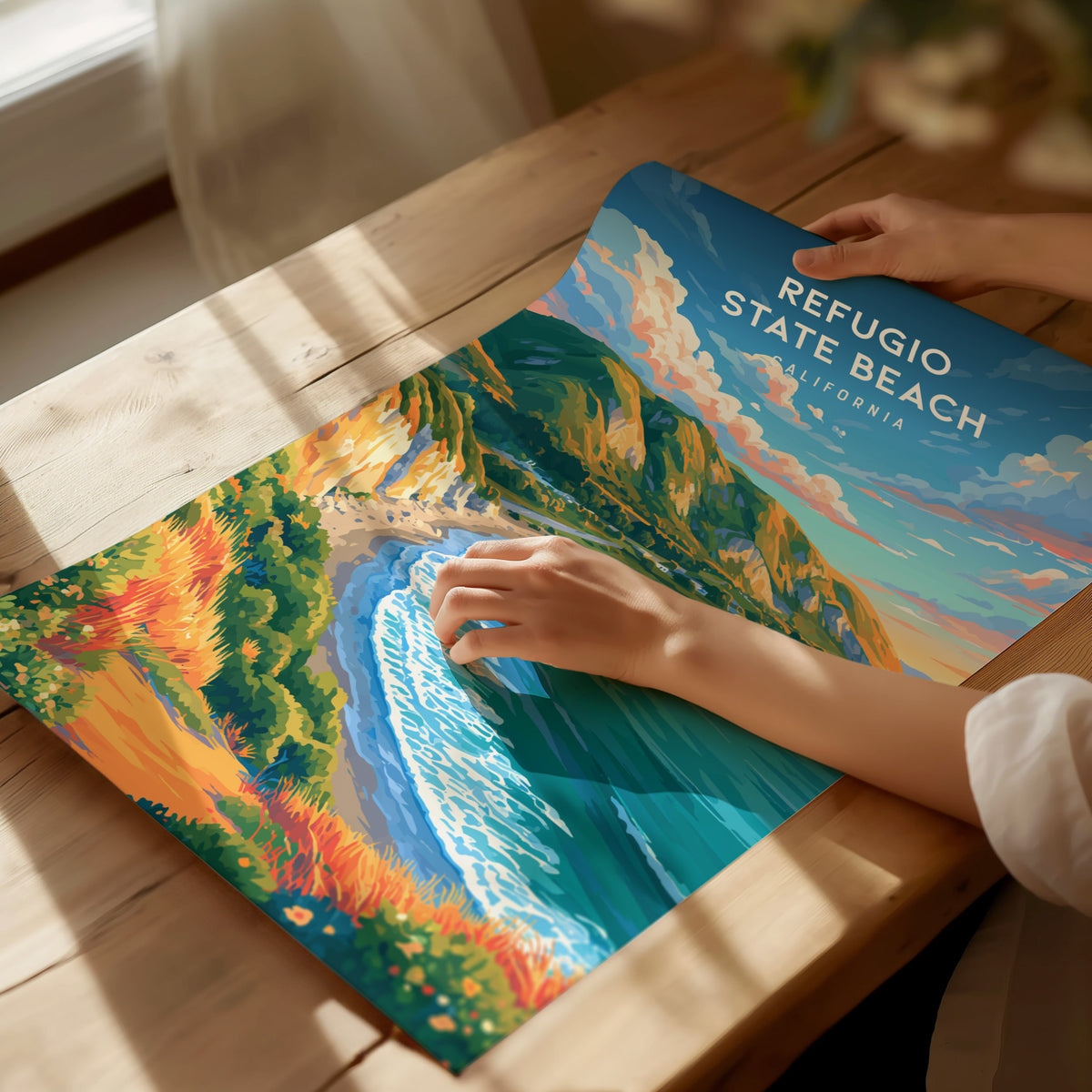 Refugio State Beach, California Poster | Golden Bluffs & Ocean Breeze Wall Art — giclée print detail on matte paper