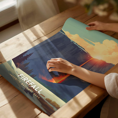 Person holding a book titled 'Firefall' with a scenic cover on a wooden table.