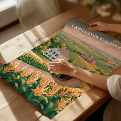 Lancaster County, Pennsylvania Poster | Rolling Farmland & Covered Bridge Wall Art — giclée print detail on matte paper