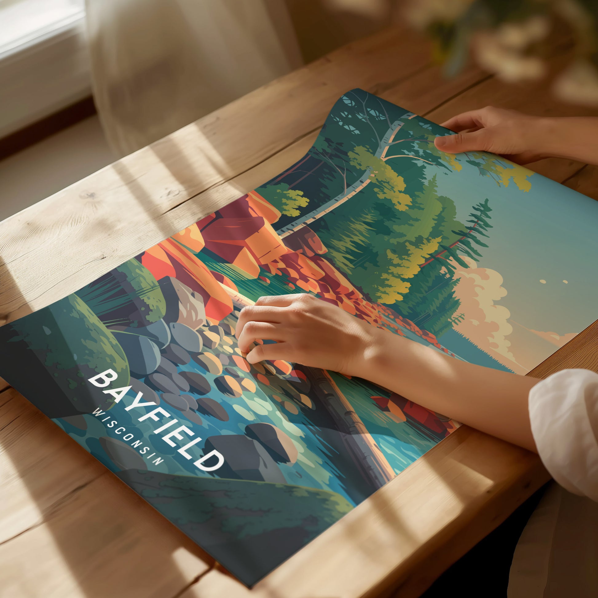 Bayfield, Wisconsin Poster | Lakeside Harbor & Sailboat Travel Wall Art — giclée print detail on matte paper
