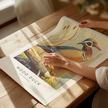 Stylized wood duck art print featuring vibrant earthy tones and intricate details, perfect for nature lovers and home decor.