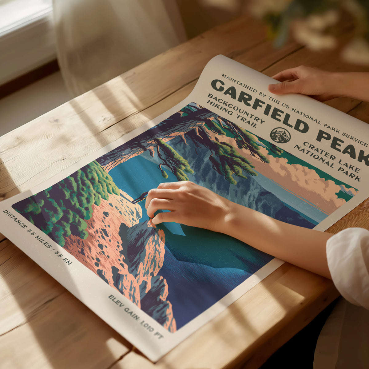 Garfield Peak, Crater Lake National Park Poster | Hiker Gift | Backcountry Trail Wall Art — giclée print detail on matte pape