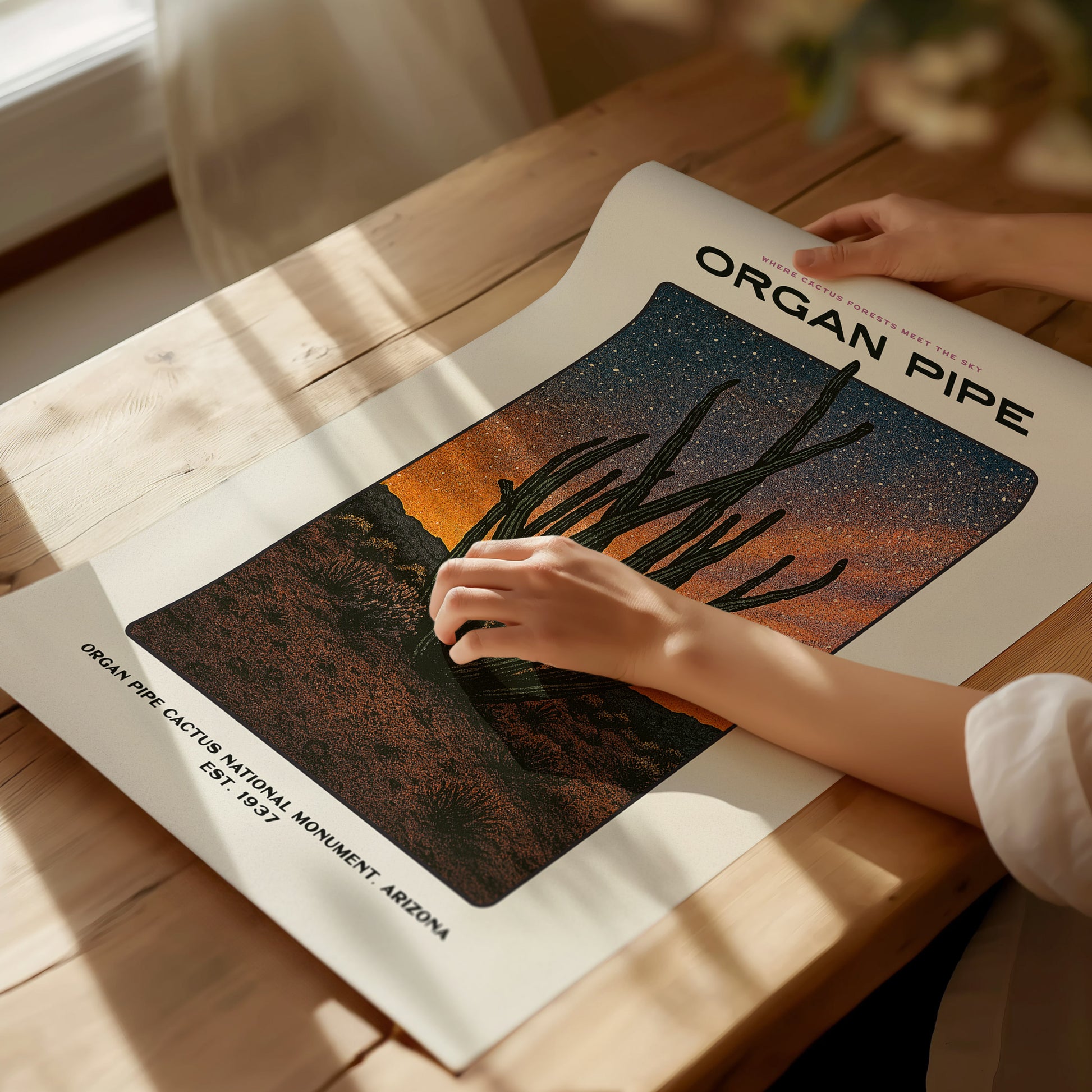 Unframed Organ Pipe Cactus poster printed on matte archival paper laid flat on a tabletop