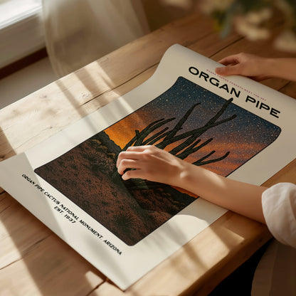 Unframed Organ Pipe Cactus poster printed on matte archival paper laid flat on a tabletop