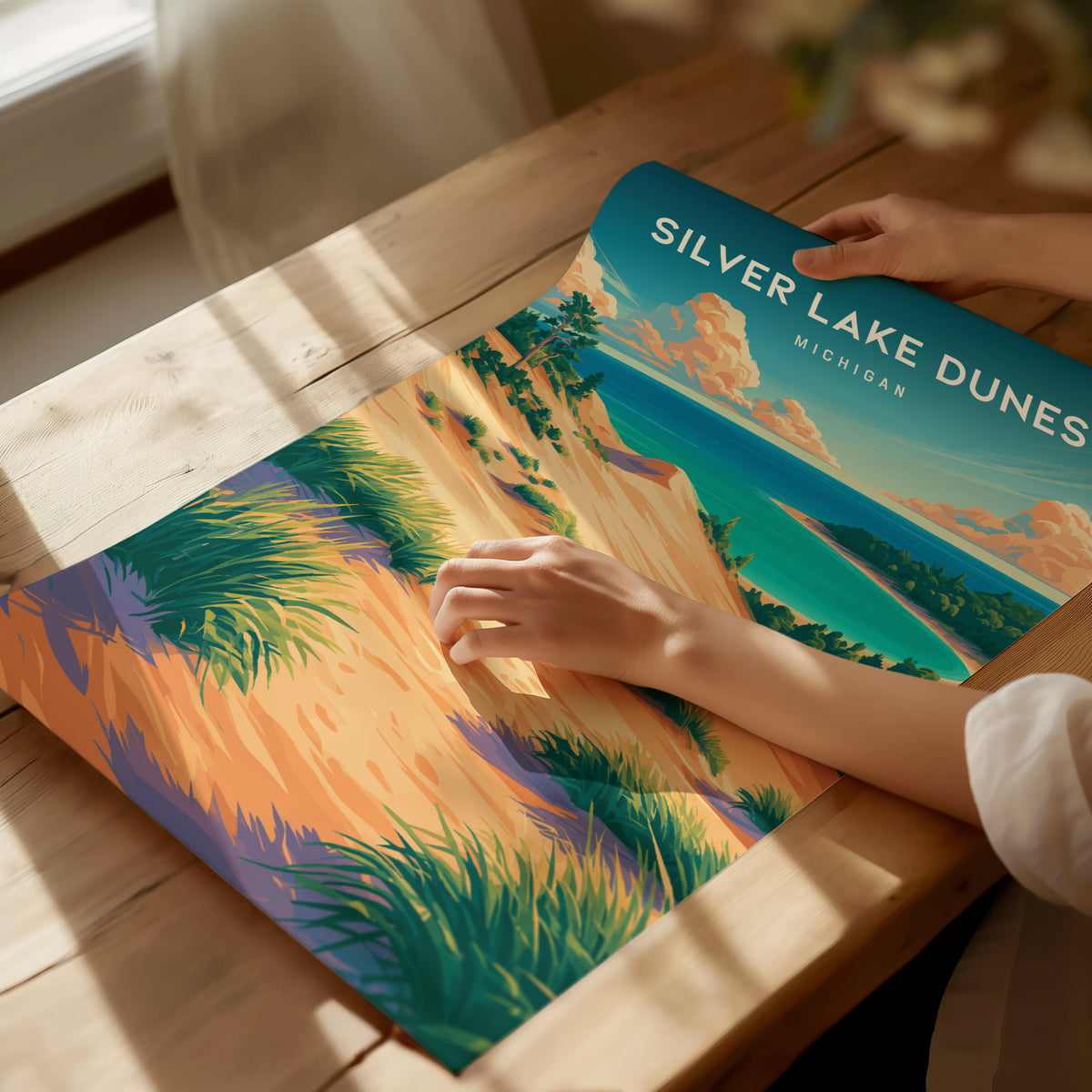 Silver Lake Dunes, Michigan Poster | Sand Dunes & Lakeshore Destination Print Wall Art — giclée print detail on matte paper