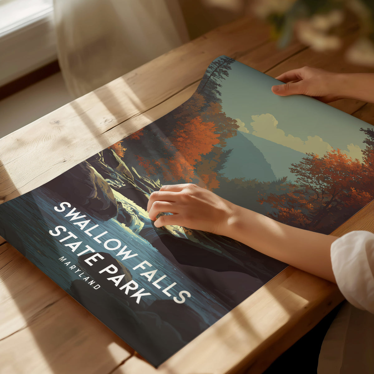 Swallow Falls State Park, Maryland Poster | Waterfall Forest Destination Print Wall Art — giclée print detail on matte paper