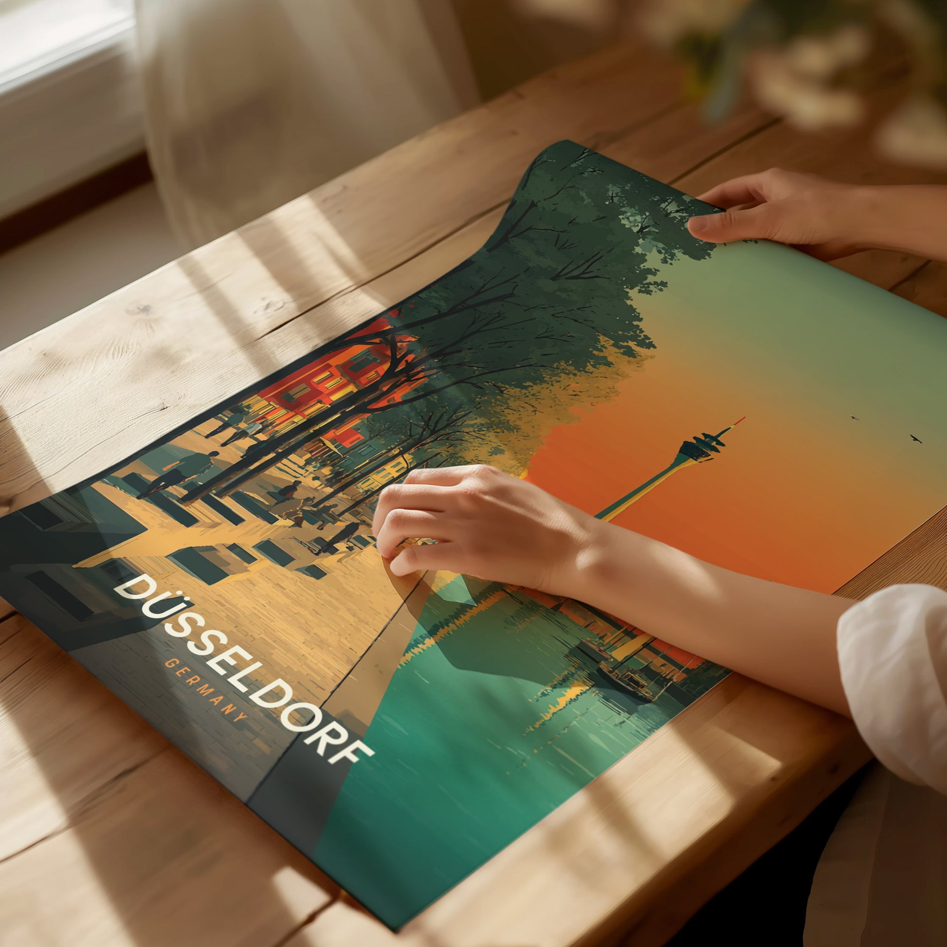 Artistic Düsseldorf cityscape poster featuring the Rheinturm, vibrant sunset colors, trees, and serene waterways, ideal for travel art decor.