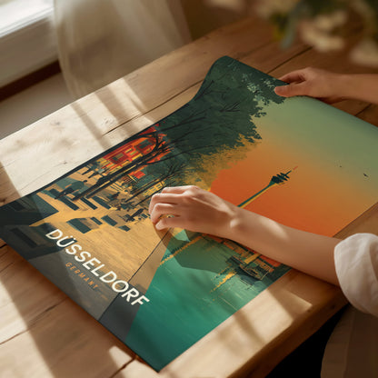 Artistic Düsseldorf cityscape poster featuring the Rheinturm, vibrant sunset colors, trees, and serene waterways, ideal for travel art decor.