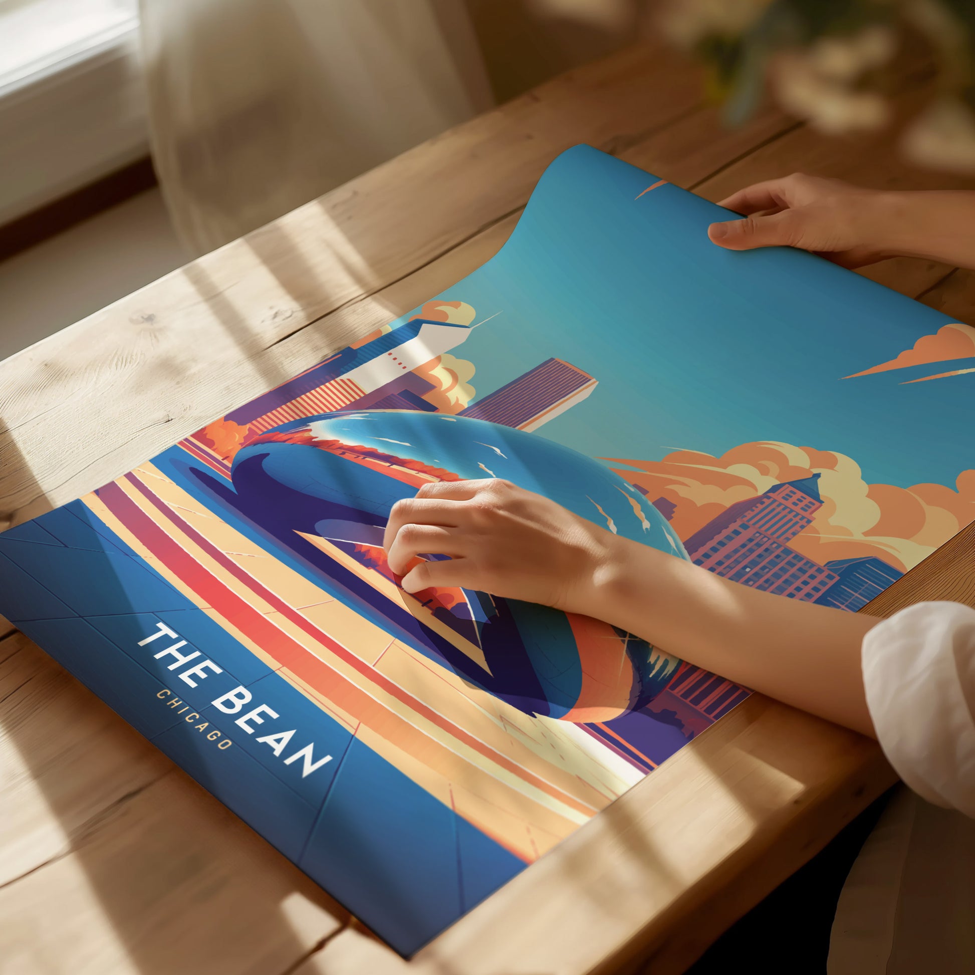 A person unrolls a vibrant poster of The Bean in Chicago, featuring bright colors and a stylized city skyline, on a sunlit wooden table.