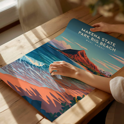 Makena State Park Big Beach, Maui, Hawaii Poster | Tropical Beach Print Wall Art — giclée print detail on matte paper