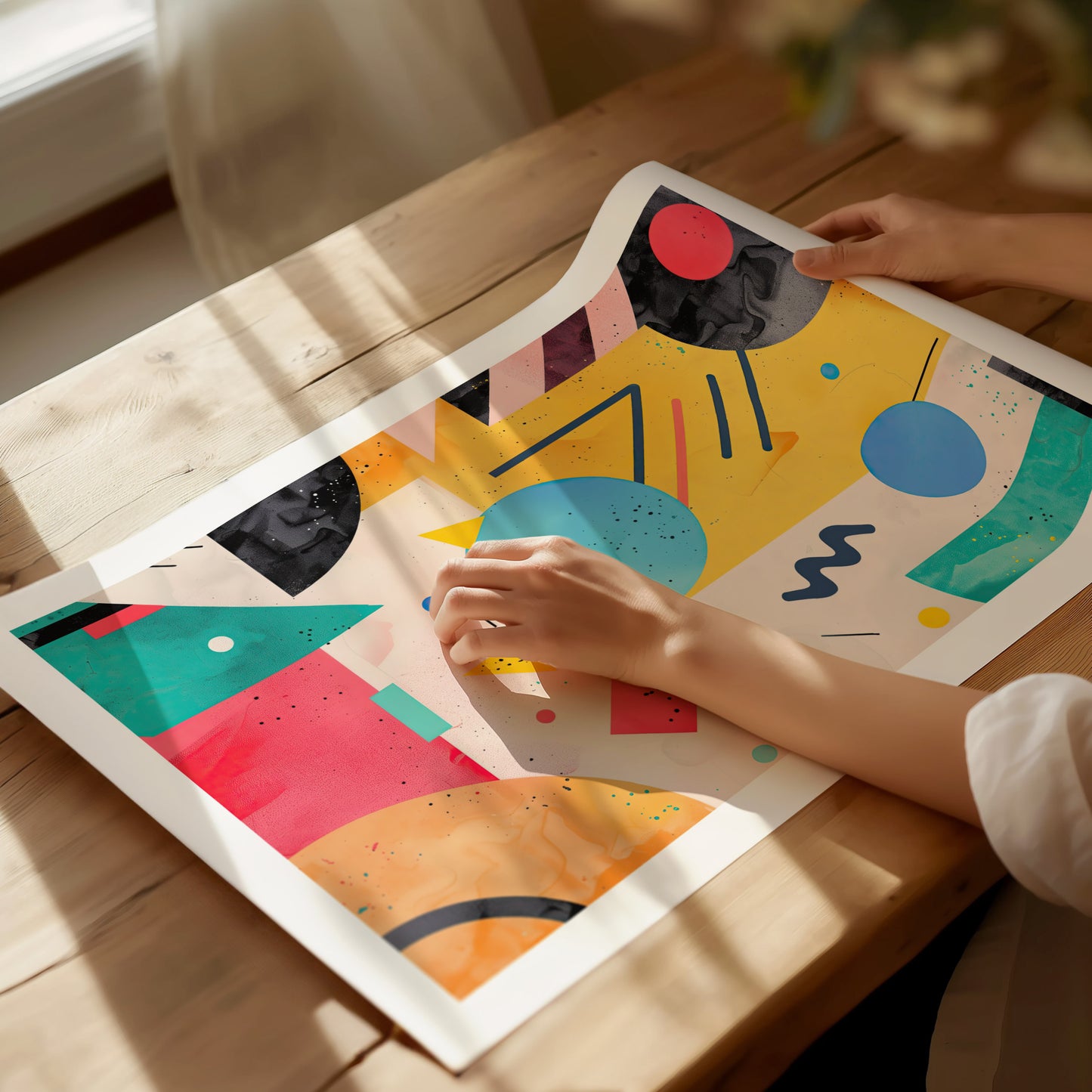 A person examines a colorful abstract poster featuring bold geometric shapes and vivid colors on a wooden table, with sunlight streaming through a nearby window.
