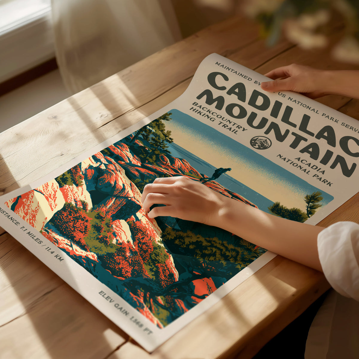 Cadillac Mountain, Acadia National Park Poster | Hiker Gift | Backcountry Trail Block Print Wall Art — giclée print detail on